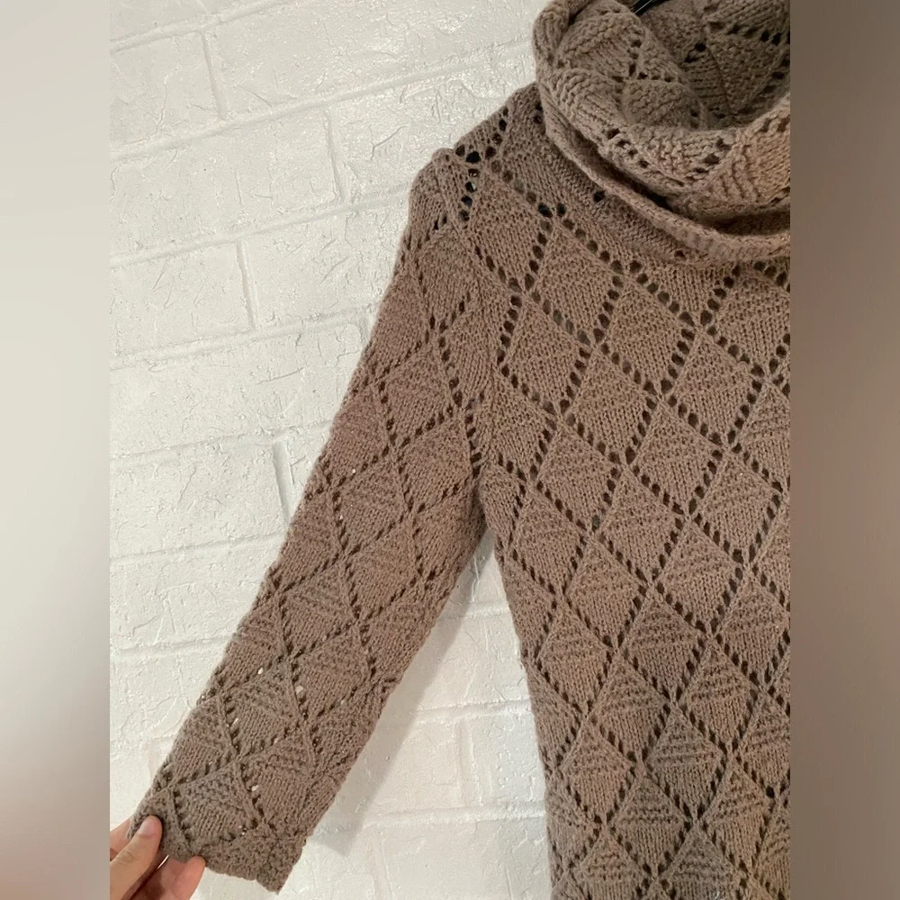 Old Navy Vintage 2000s Tan Wool Blend Open Knit Cowl Neck Top